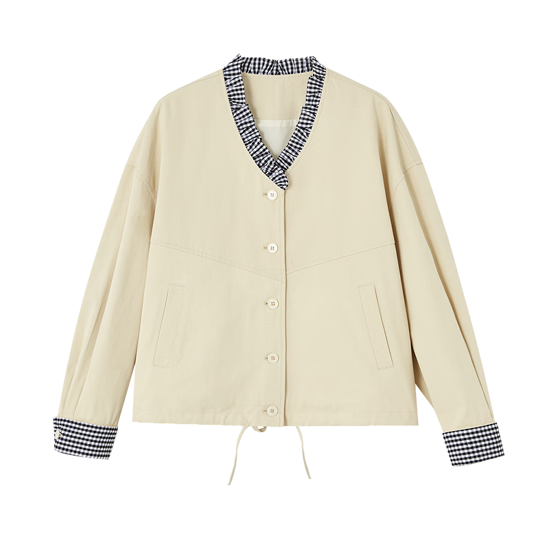 Demana [Pure Cotton Weave] Spring Simple Style V-Neck Plaid Patchwork Drawstring Hem Loose Petite Women's Jacket