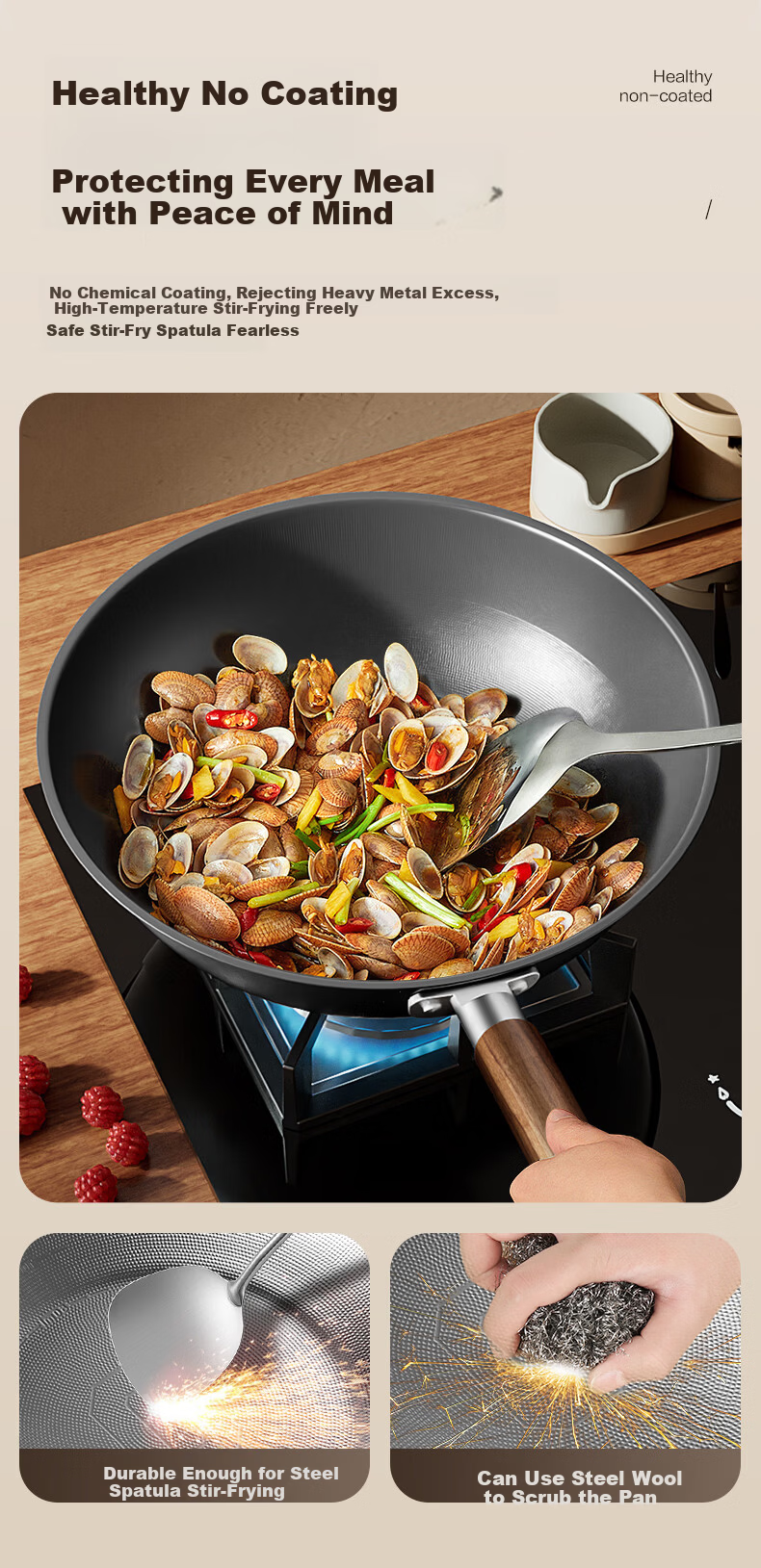 VATTI Titanium Iron Wok Non-Coated Non-Stick Stir Fry Pan Nitride Rust-Resistant Compatible with Gas Stove and Induction Cooker 7