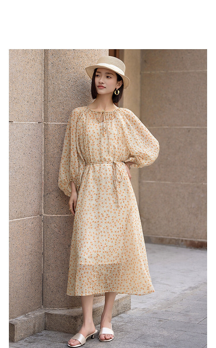 Demana [Flowers and Poetry] Spring Elegant Style Bubble Plaid Chiffon Printed Loose Slimming Dress for Women High-End Feel 10