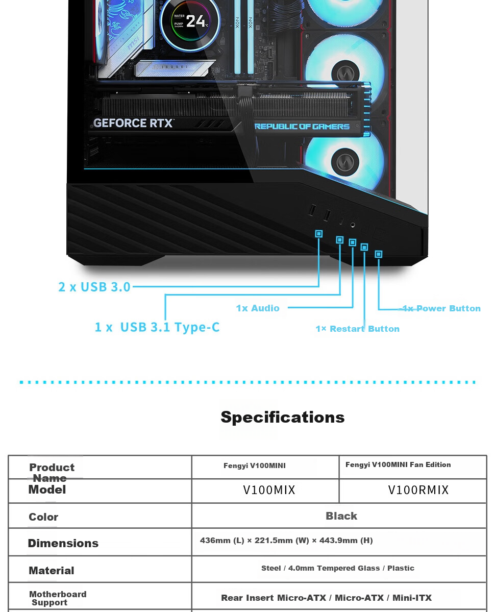 LIANLI Lianli Fengyi V100 MINI PC Case Pre-installed 4 Fans Seaview Case Black / Supports M-ATX Motherboard / 360mm Water Cooling / Pre-installed GPU Bracket 13