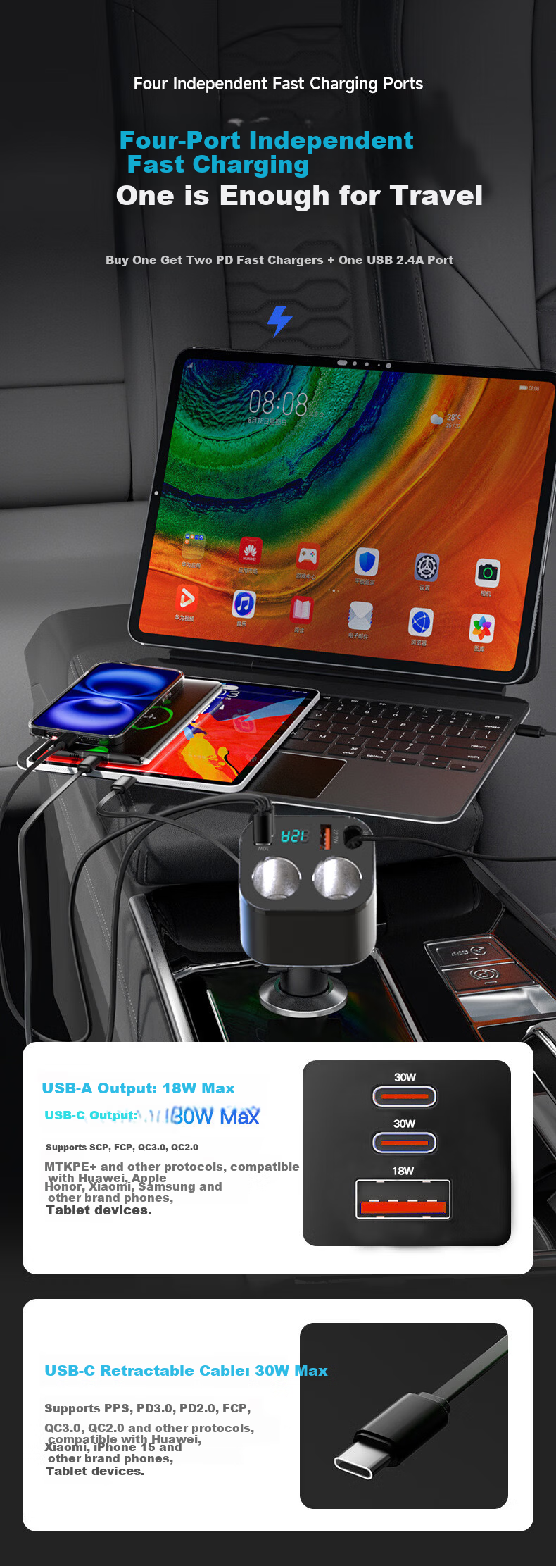Newsmy Car Charger Cigarette Lighter Adapter with 3-Port PD Fast Charging for Apple iPhone 15/16/17 and Dash Cam Expansion 5