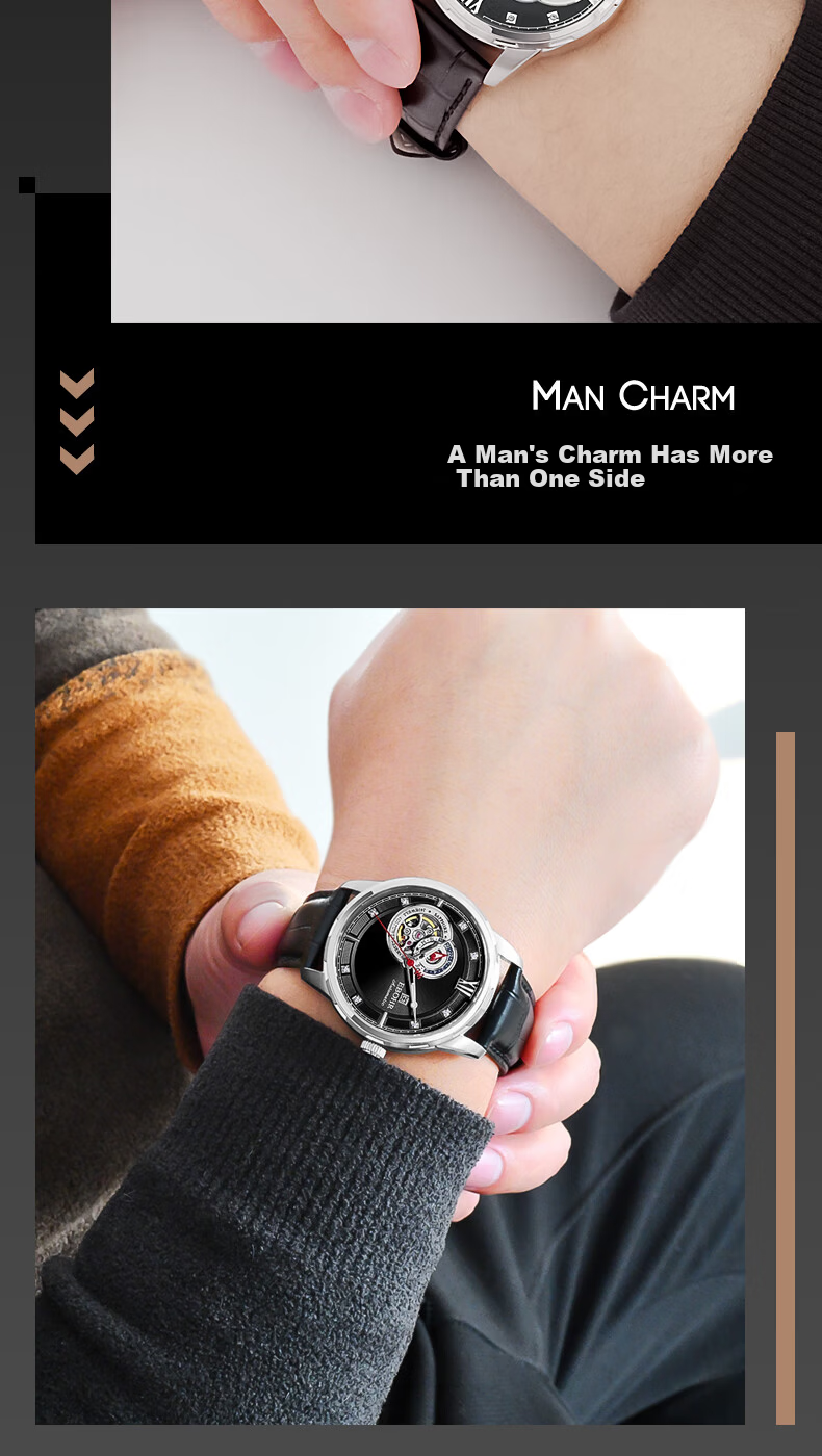 EBOHR Men's Skeleton Automatic Mechanical Watch Stainless Steel Band Authentic National Brand 24-Hour Dial New Year Gift 16