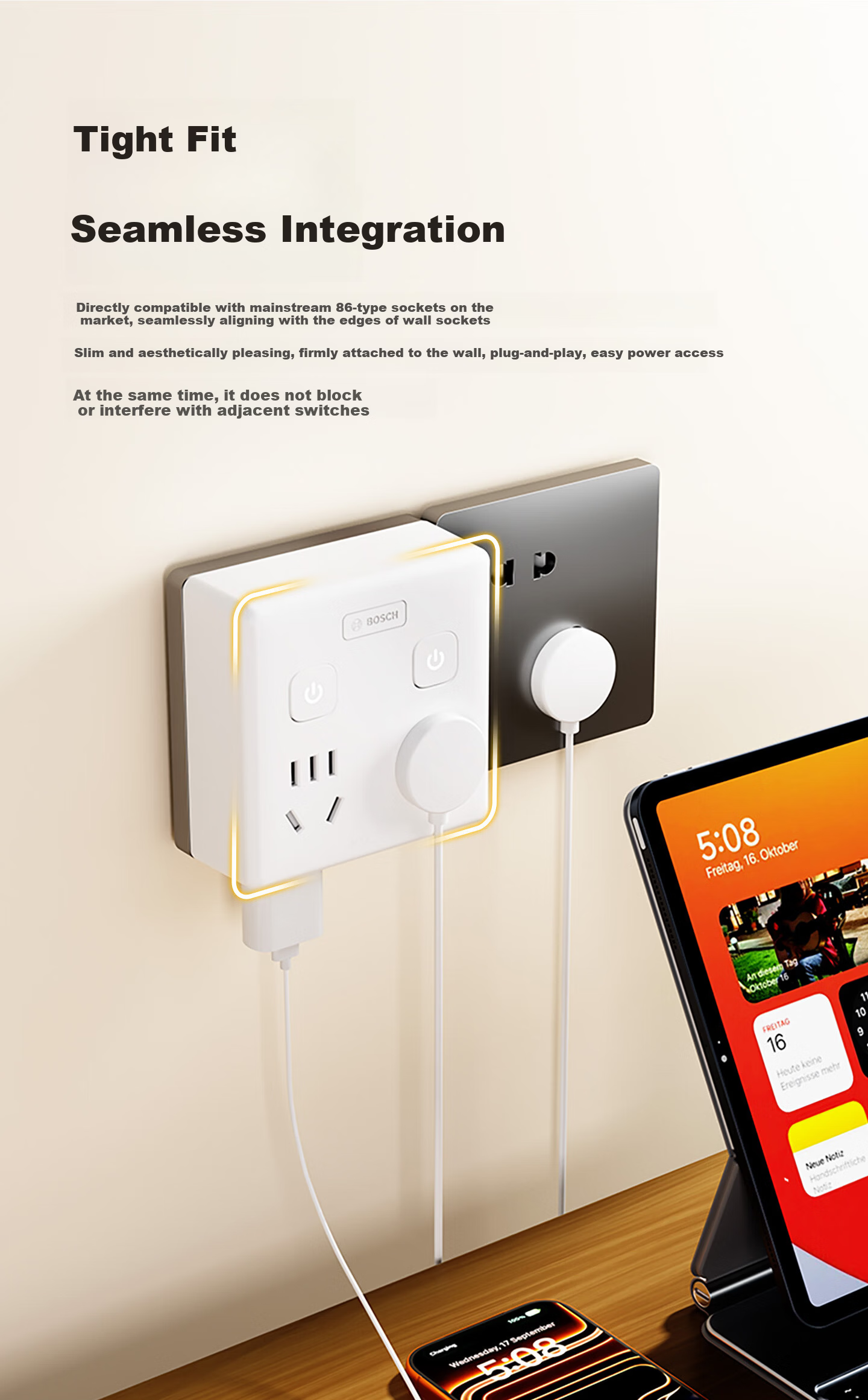 BOSCH Socket Converter Plug Wireless Power Strip USB Multi-Functional Socket/One-to-Multiple Protection Door/Extension Converter [One-to-Six Master Control Switch] PS86-0001 3