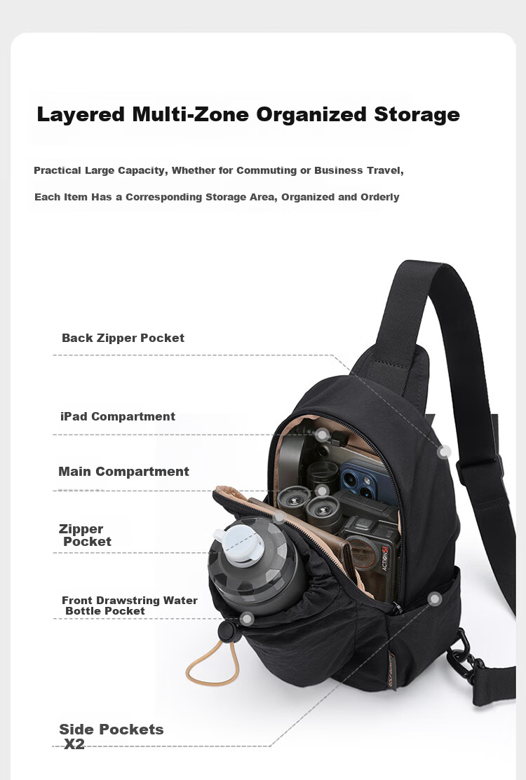 GOLF Men's Chest Bag Crossbody Shoulder Bag Unisex Phone iPad Bag Water Bottle Holder Water-Resistant Sports Cycling Small Backpack 13