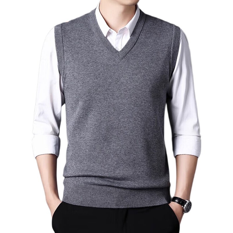 Hengyuanxiang Knitted Vest for Men, Autumn And Winter V-Neck Thickened Warm Sleeveless Waistcoat, Dad's Sweater, Dark Gray, Size L