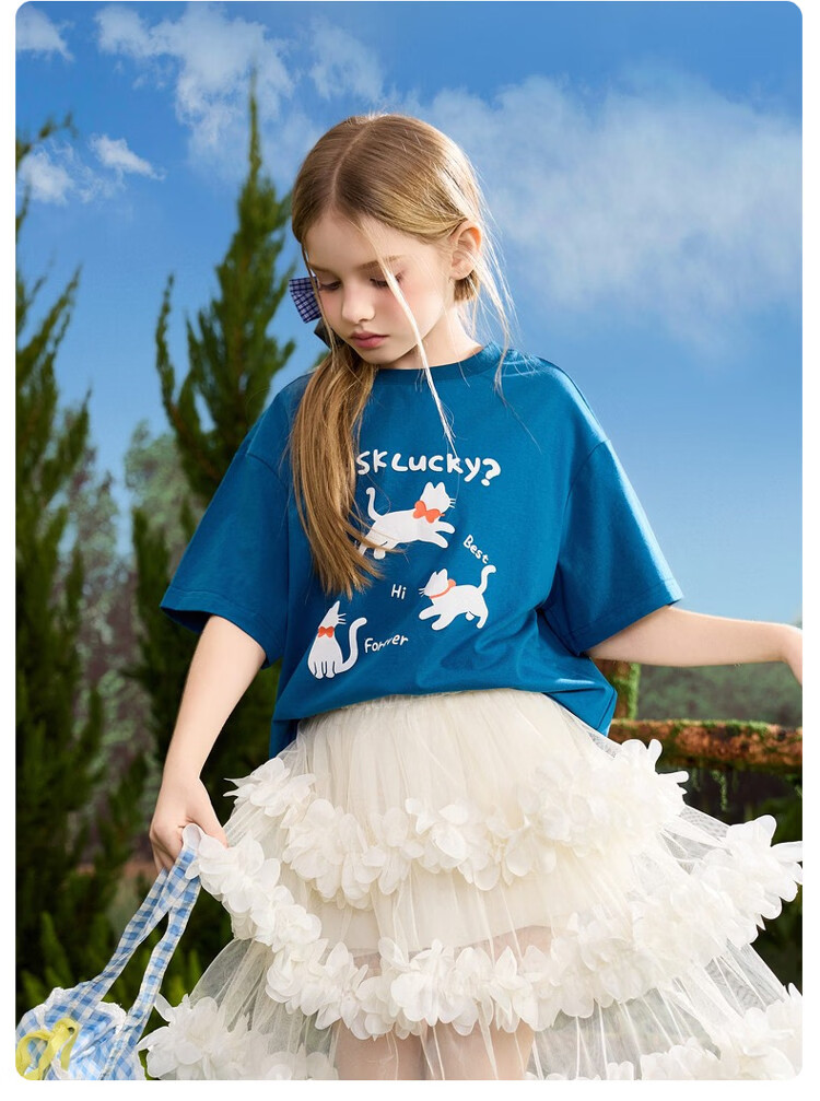 ASK JUNIOR Kids Short Sleeve T-Shirt 2026 Summer Boys and Girls Round Neck Breathable Top Blue 140 14