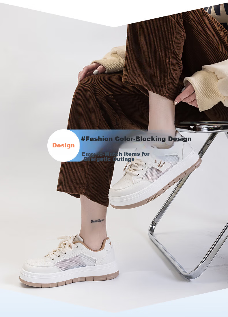 Warrior Women's Breathable Mesh Casual Shoes Thin Versatile White Thick Sole Sneakers 3015 Beige/Black Size 36 8