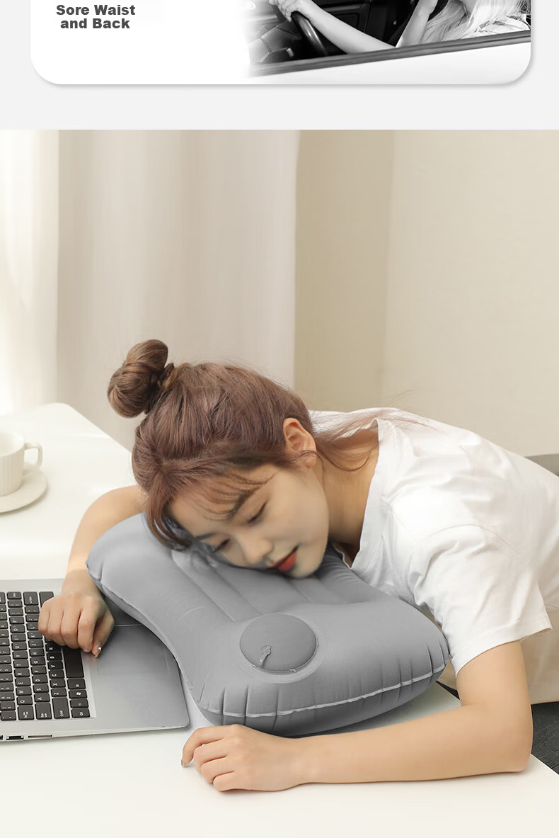 JAJALIN Inflatable Travel Pillow Press-to-Inflate Portable Lumbar Support Nap Pillow Gray 3