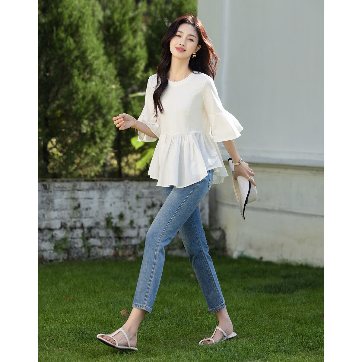 Demana [Pure Cotton Silk Whisper] Spring Light Mature Style Patchwork Five-Sleeve Loose Slimming Petite Women's T-Shirt