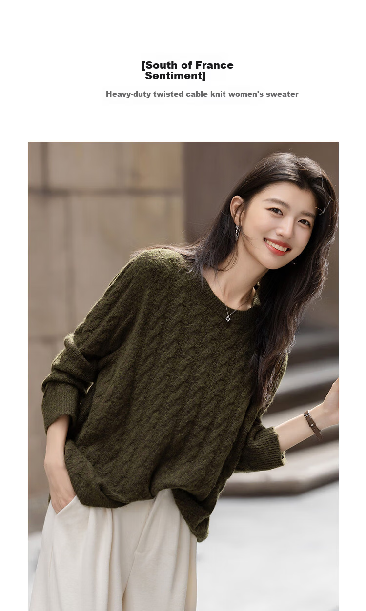Demana Wool Blend Version Winter Southern France Crew Neck Cable Knit A-Line Sleeve Sweater Women's Top 1