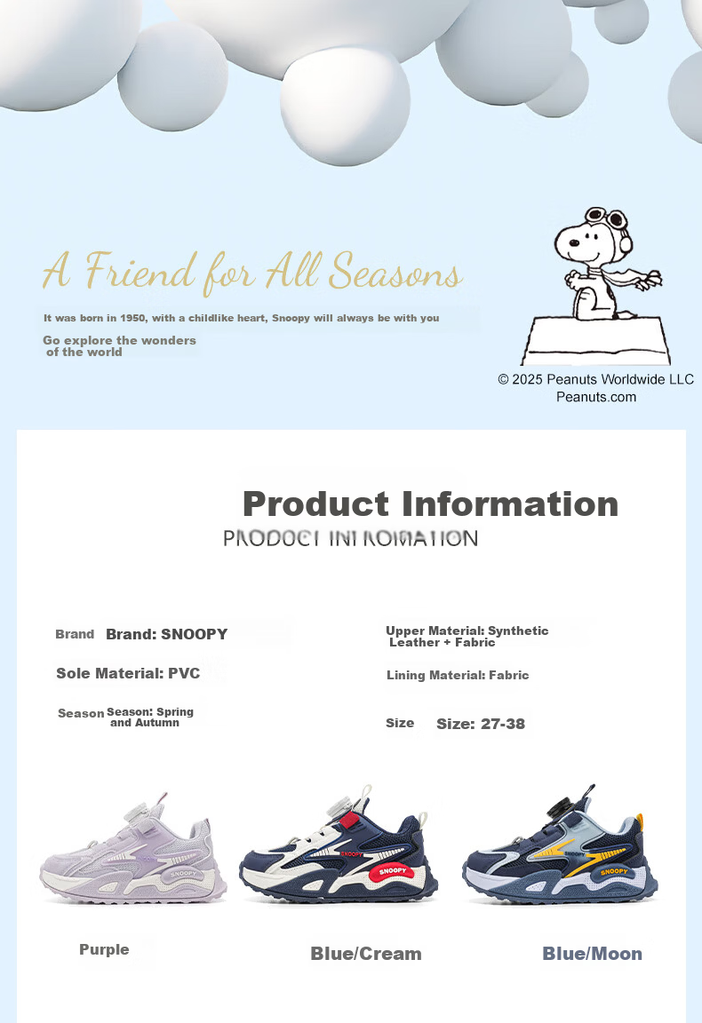 SNOOPY Kids Spring and Autumn Boys Sports Shoes Girls Fashion Casual Shoes Lightweight Running Shoes 0017 Blue/Beige Size 31 1
