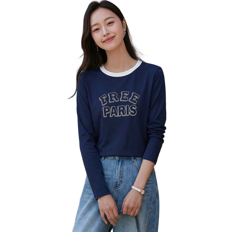 Chushen Spring And Autumn Long-Sleeve T-Shirt for Women, Round Neck with Letter Print, Versatile Color-Block Layering, Commuter Base Shirt Top S143T2024