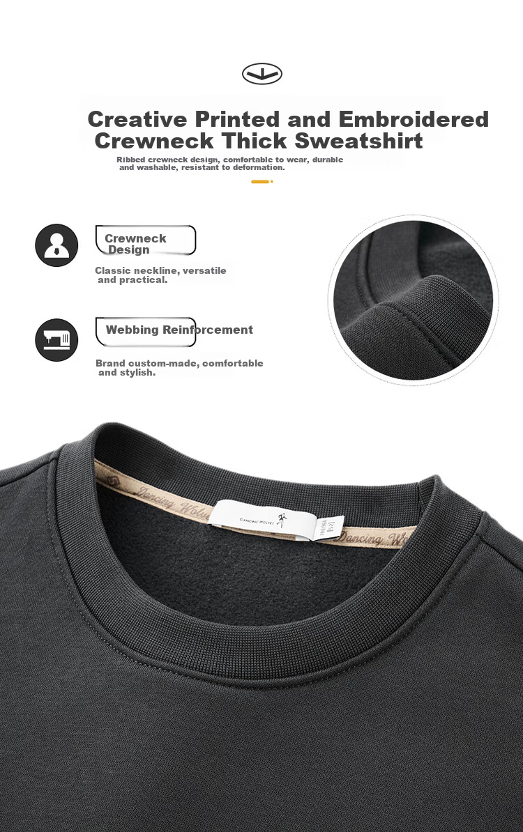 Dance with Wolves [Heat Retention & Thickened Fleece] National Trend Embroidered Round Neck Thermal Antibacterial Sweatshirt 015 Dark Gray L 3