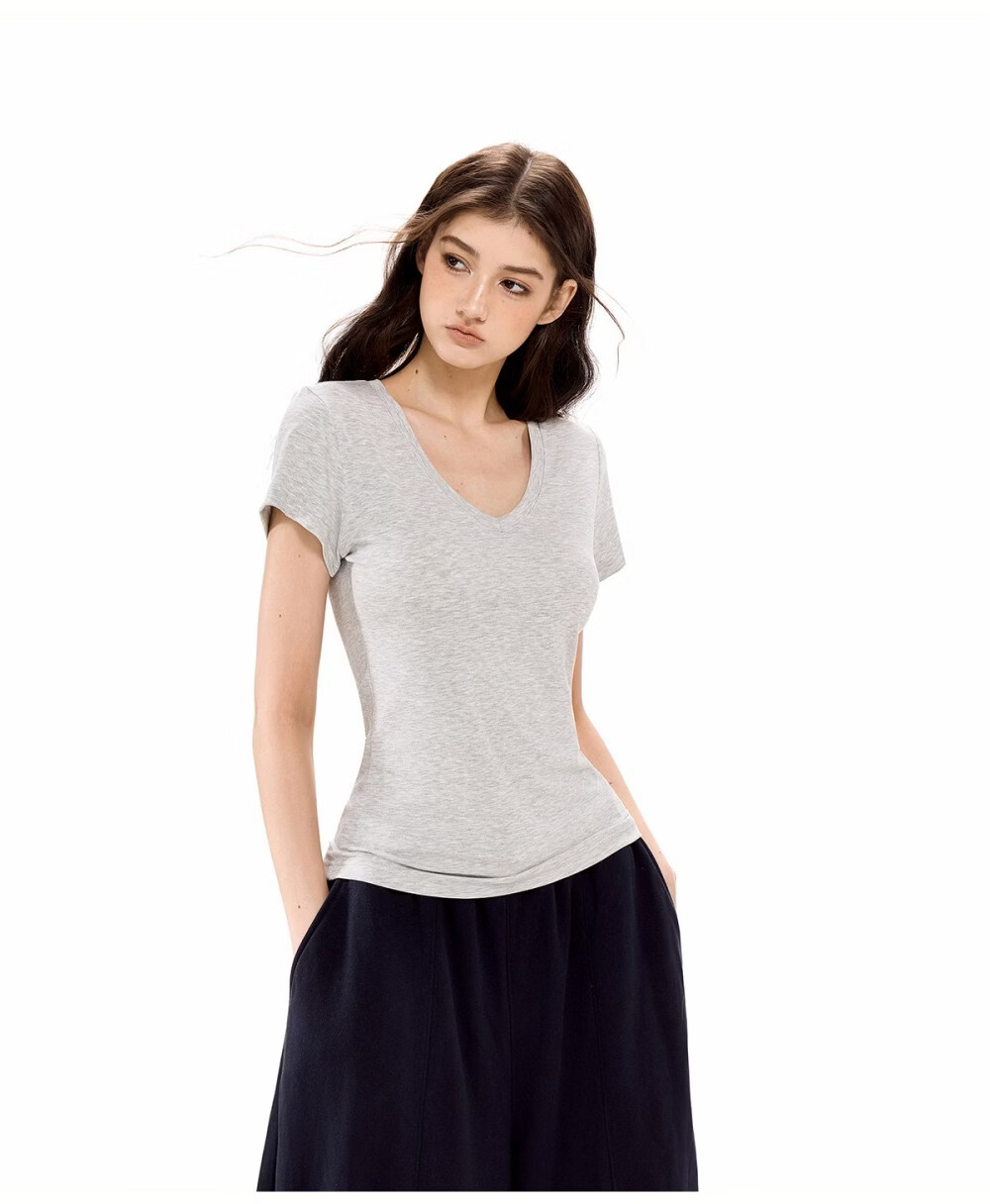 ICH MODE Slim Fit Stretch V-Neck Short Sleeve T-Shirt Women Summer New Casual Sports Shoulder Top Crop Light Purple M 22