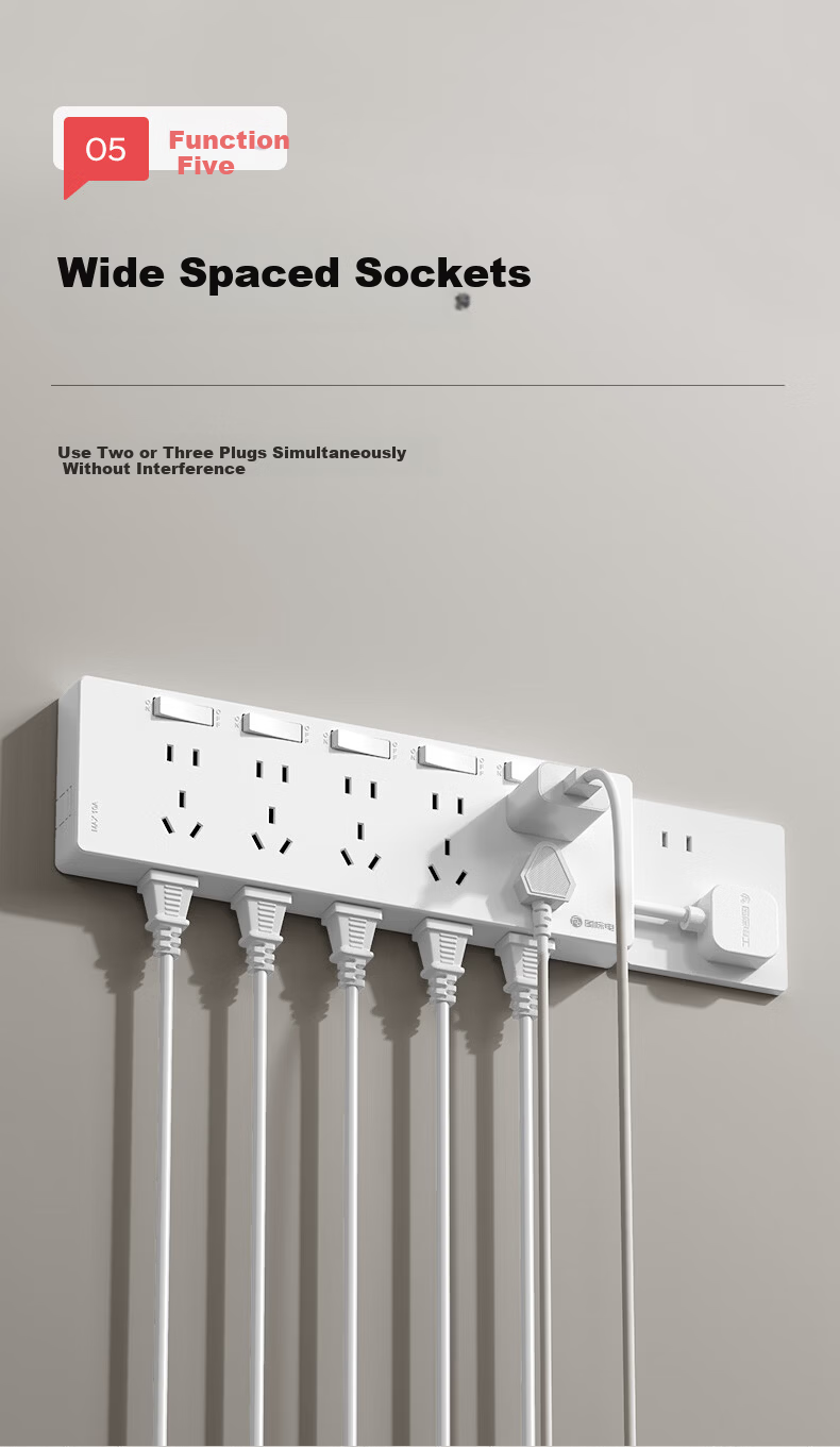 International Electric Multi-Port Wall-Mounted Wireless Extension Socket Expander Power Strip Panel Right-to-Left Expansion White 8