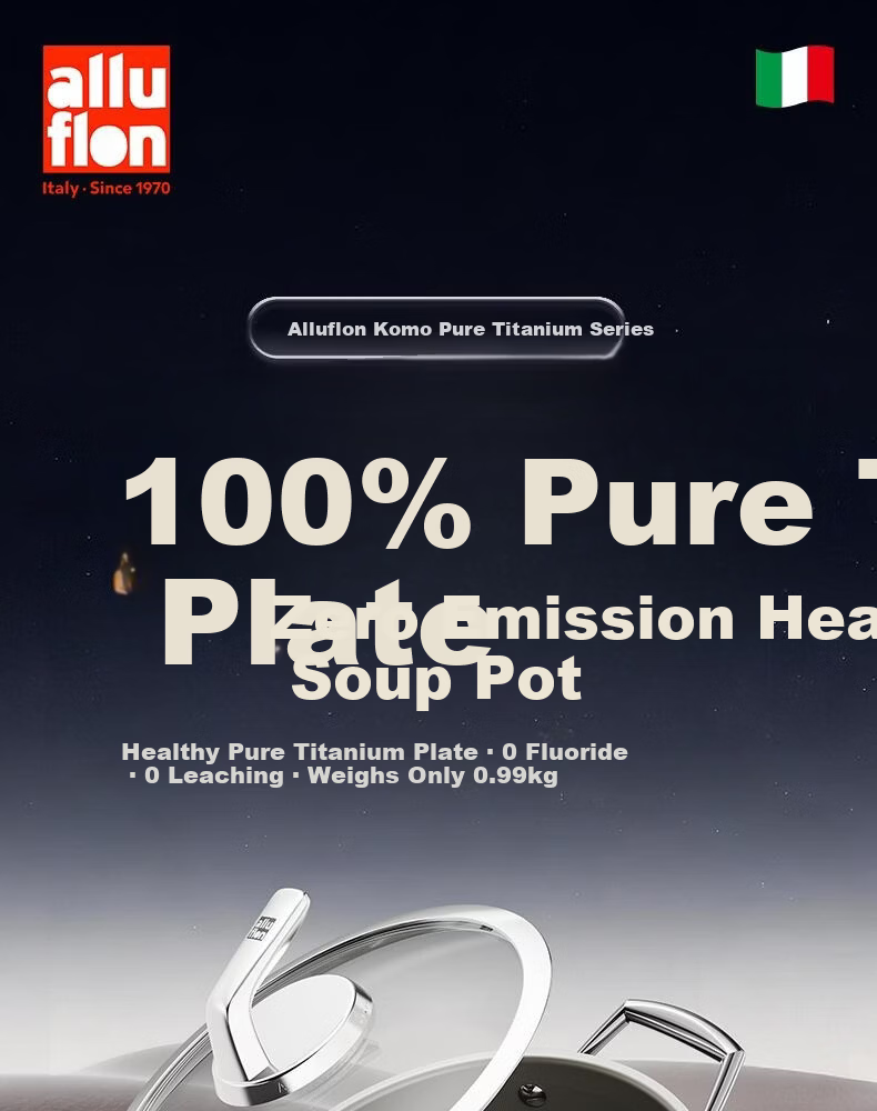 Alluflon Aluflon Pure Titanium Soup Pot Healthy 0-Fluoride Non-Coated Stew Pot Steaming Cooking Induction Gas Stove Compatible 22cm 1