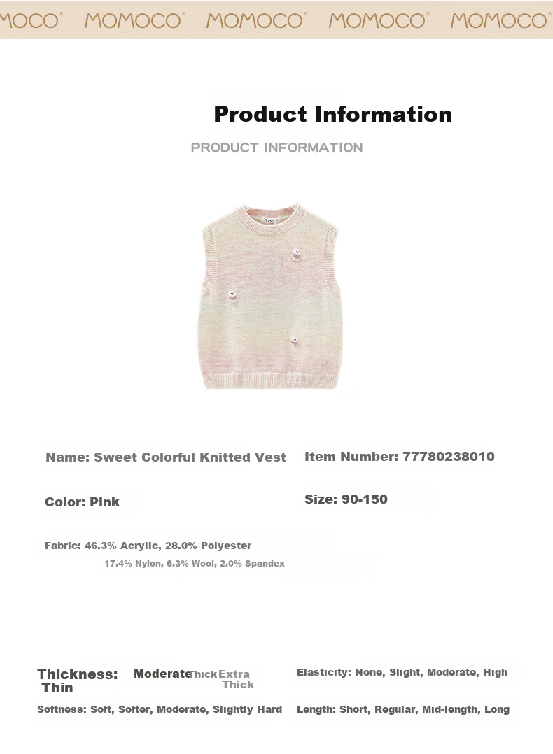 MOMOCO Girls' Vest Autumn Winter Inner Layer Sweet Stylish Cartoon Knit Vest Jacket White Apricot 90 6