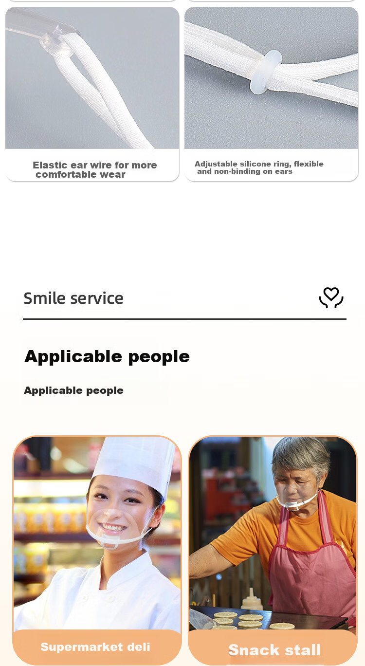 Aokyun Transparent Mask Food-Grade Material Double-Sided Anti-Fog Non-Tight Ear Commercial Kitchen Oil-Resistant Chef Restaurant Cafeteria Smile Anti-Splash Saliva Hygiene 10-Pack Individually Wrapped 10