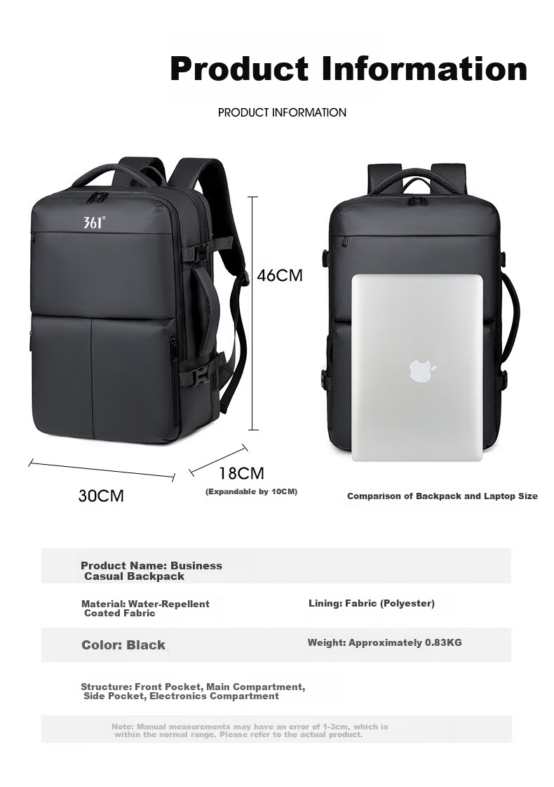361° Backpack Men's Business Large Capacity Dual Shoulder Bag Independent Laptop Compartment Commuter Travel Casual Bag 10