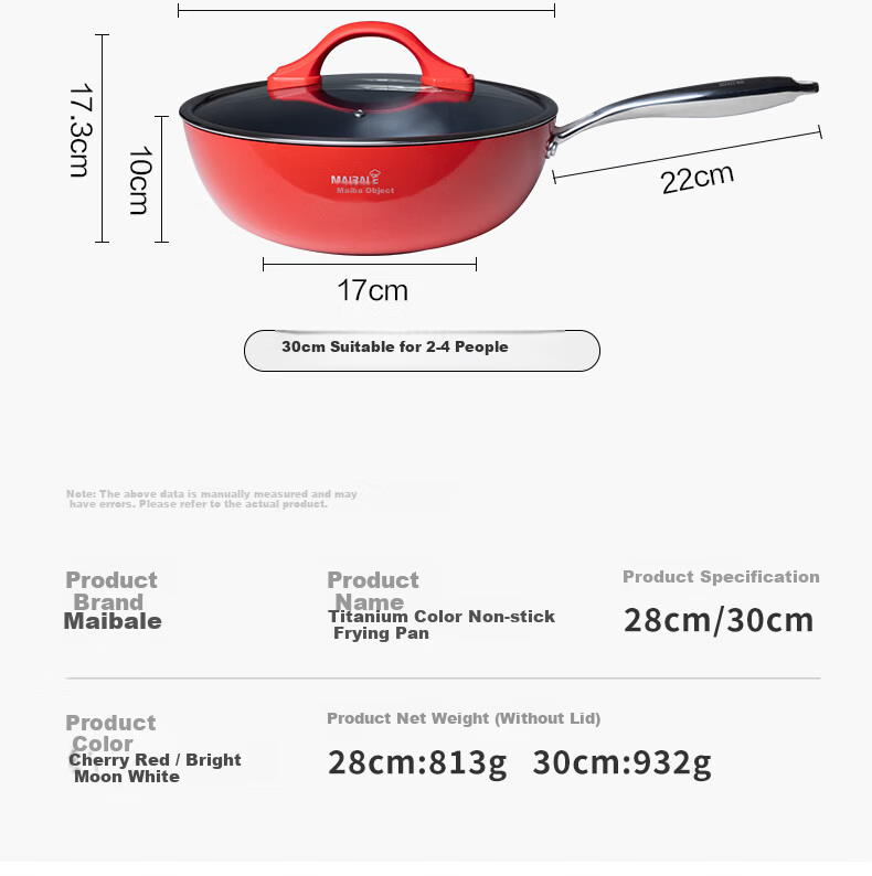 Maybale Titanium Color Non-Stick Ceramic Frying Pan Household Gas Stove Flat Bottom Cherry Red 30cm 16