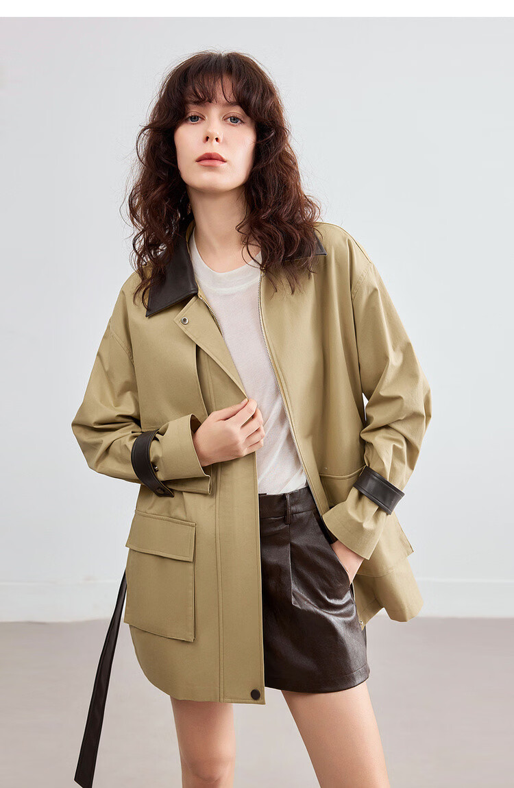Demana Pure Cotton Barn Style Autumn Color-Block Lapel Splicing PU Patch Pocket Loose Slim Fit Women's Jacket Premium Quality 17