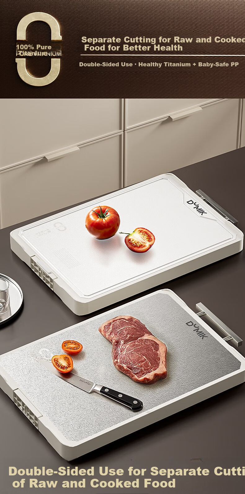 DUMIK 100% Pure Titanium Double-Sided Cutting Board Mold-Resistant Antibacterial Food-Grade Kitchen Knife Board Chopping Board Butcher Block 22