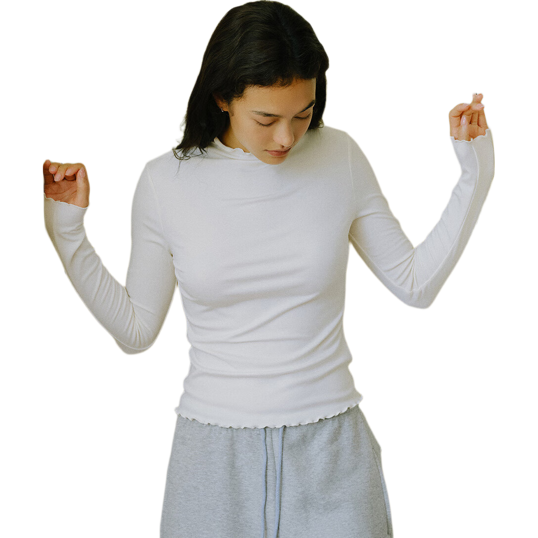 Semir Long-Sleeve T-Shirt for Women, Semi-Turtleneck with Ruffle Trim, Fleece-Lined, Heat-Generating, Tight-Fitting, Elastic Inner Layer, Autumn And Winter Basic Versatile Base Shirt