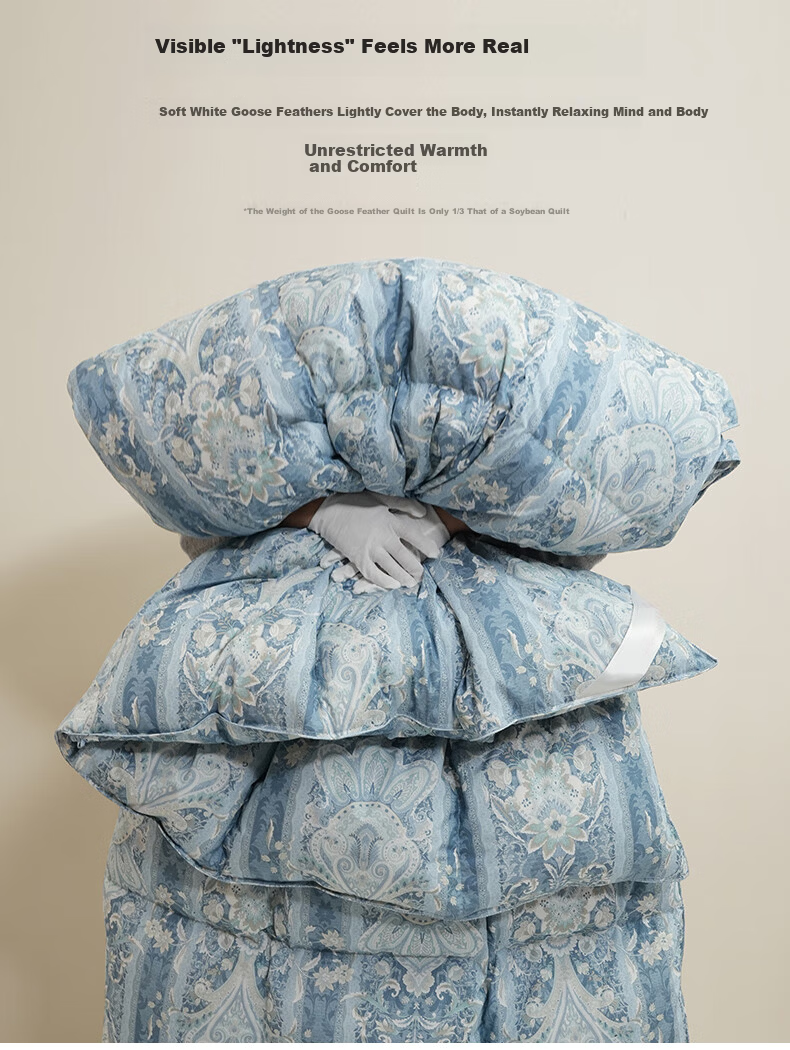 VCD Comforter, 100% White Goose Down Duvet, Spring And Autumn Quilt, 650g Filling, 1.5*2.1 Meters, Blue Floral Print 2