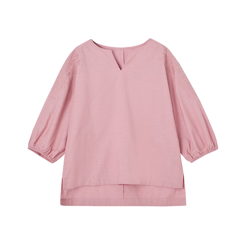 Demana Linen Cotton Blend Spring Elegant Embroidered Shirt 3/4 Sleeve High-Low Hem Petite Women's Blouse