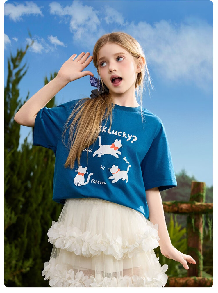 ASK JUNIOR Kids Short Sleeve T-Shirt 2026 Summer Boys and Girls Round Neck Breathable Top Blue 140 16