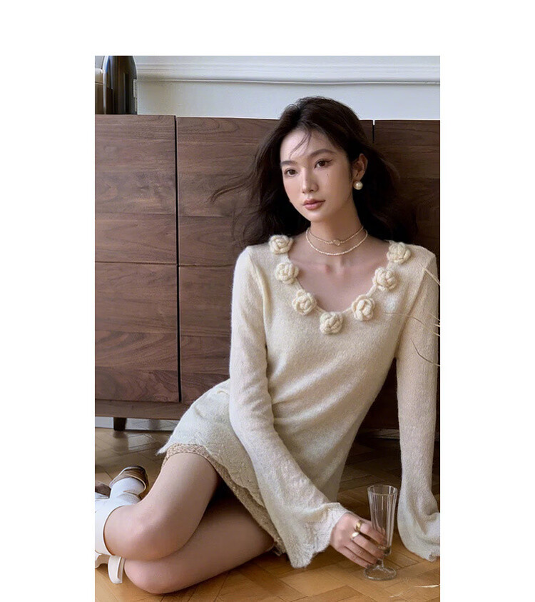 MT Spring Sweet 3D Crochet V-Neck Knit Sweater with Fluffy Wool, Slim Fit Women's Top 10