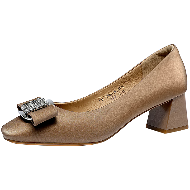 Goldlion Women's Shoes, Elegant Square-Toe Chunky Heel Pumps, High-End Commuter Shallow-Mouth High Heels G608430151, Apricot Color, Size 36