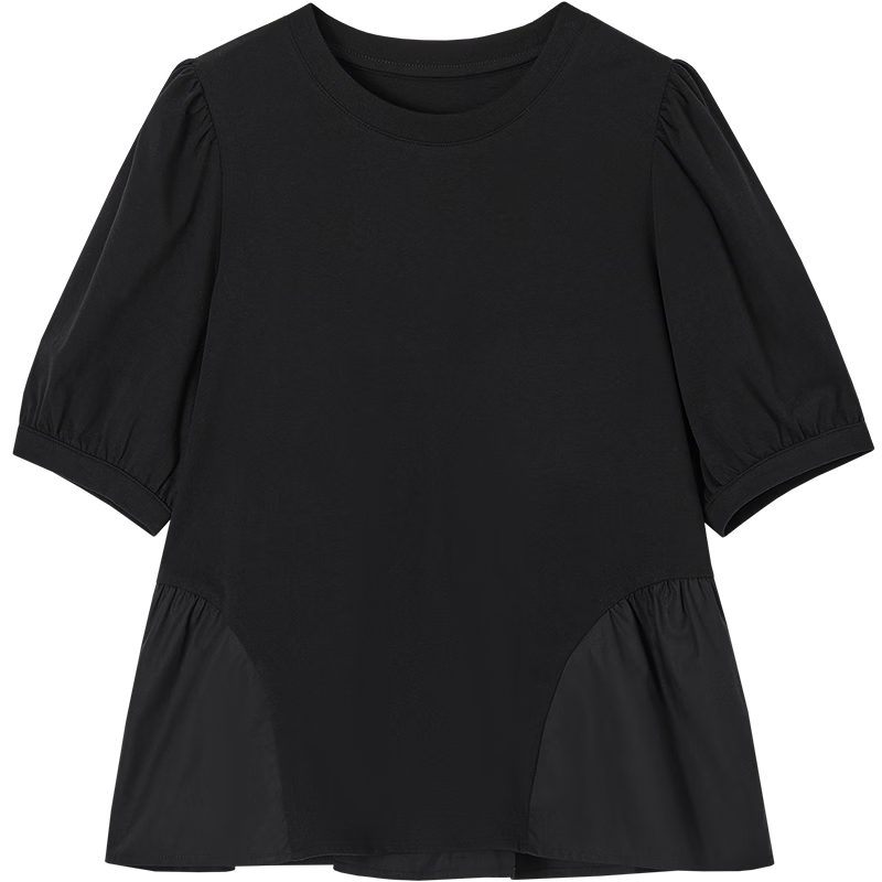 Demana [Oxygen Pure Cotton] Summer Lazy Style Round Neck Puff Sleeve Hem Splicing Loose Slim T-Shirt for Women Premium Feel