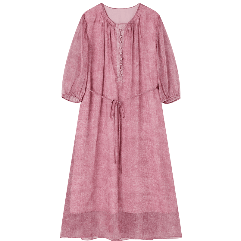 Demana Misty Rose Summer Elegant Printed Tie-Waist Six-Sleeve Flowing Slim A-Line Dress for Women Premium Feel