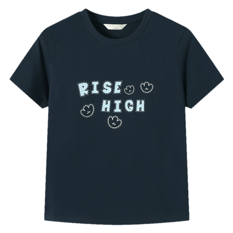 TonLion 2026 Summer New Women's Short Sleeve T-Shirt American Early Spring Stylish Navy Blue Slim Fit Top