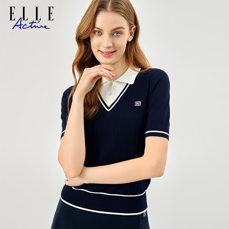 ELLE ACTIVE Women's Fashion Knitwear Casual Summer Striped V-Neck Short Sleeve T-Shirt, False Two-Piece, Blue, Size S