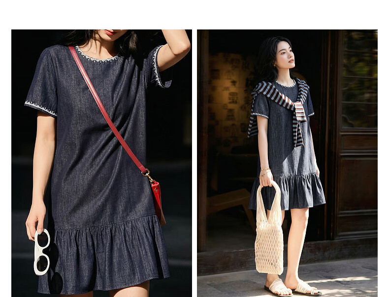 Demana [Oxygen Pure Cotton] Summer Retro College Embroidered Ruffle A-Line Denim Dress Slim Fit Mid-Length for Women 5