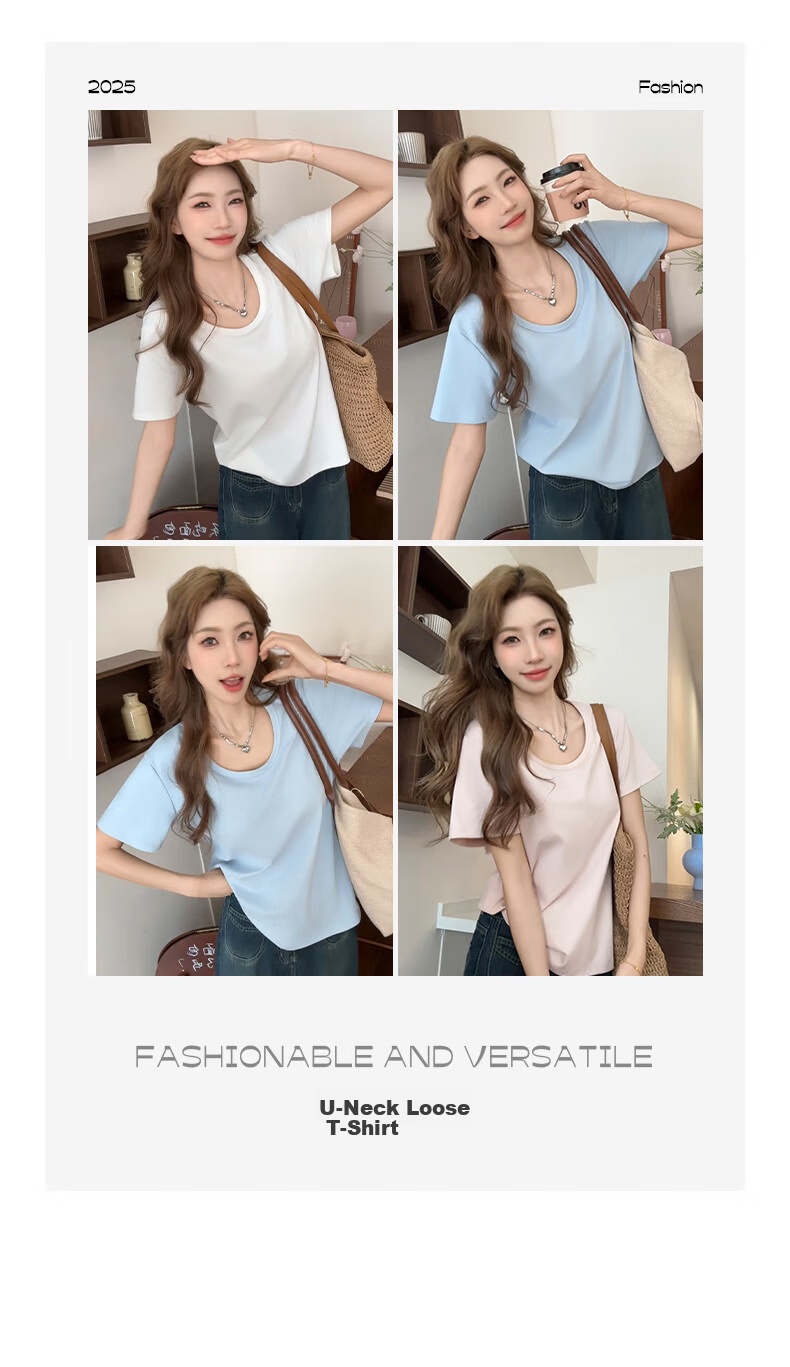 Ziyouxi Women's Cotton Short Sleeve T-Shirt 2025 New Pink U-Neck Loose Summer Casual Solid Color Relaxed Fit 4