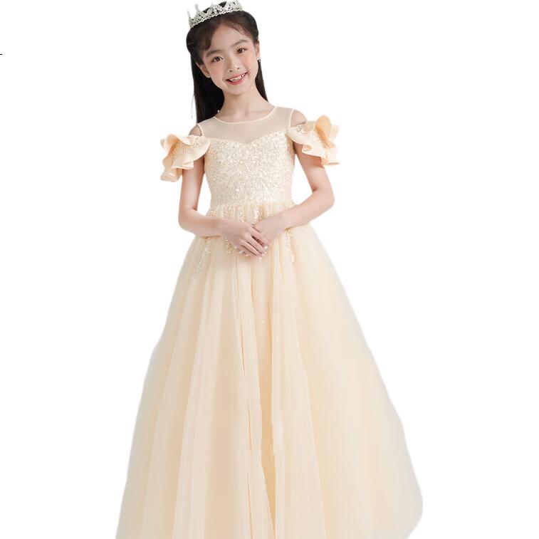 LUOBOBEIBEI Princess Dress, Girls' Tulle Skirt, Children's Formal Dress, Little Girl's Piano Host New Year's Outfit, Champagne Color, Size 110