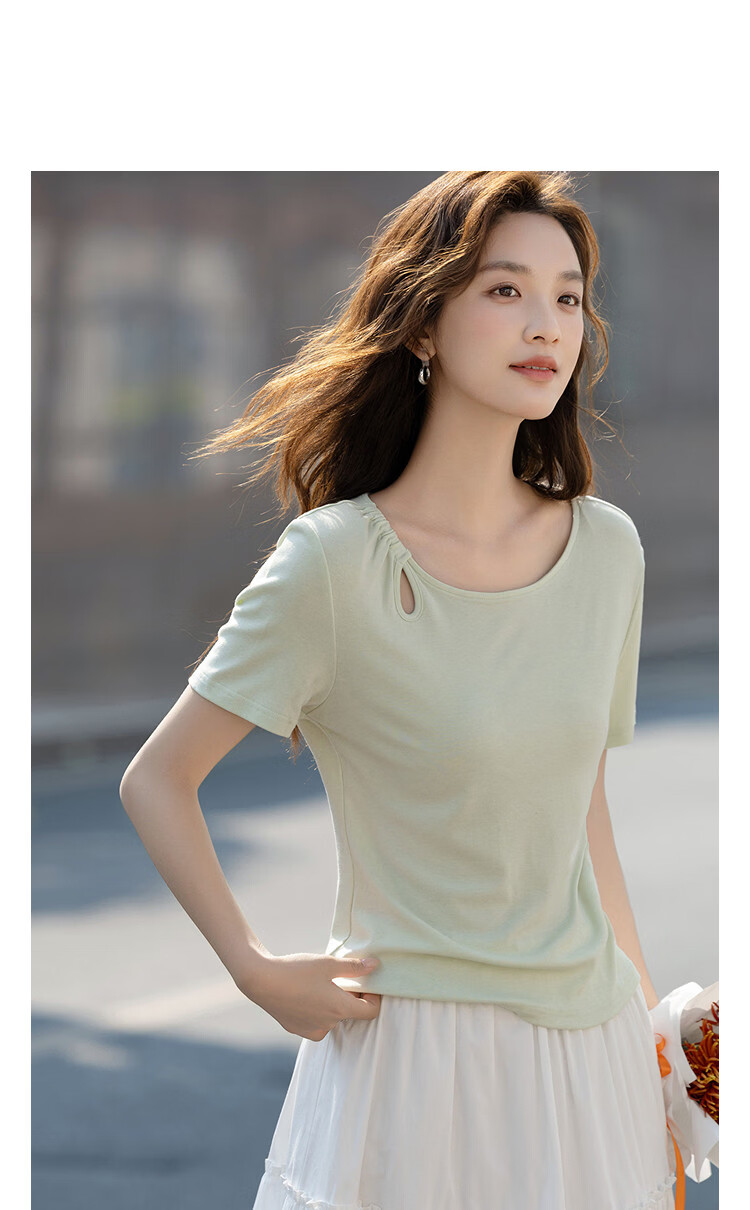 Demana [With Wool and Lyocell] Summer Simple Style Round Neck Hollow Cut Slimming Concealing T-Shirt for Women Premium Feel 11