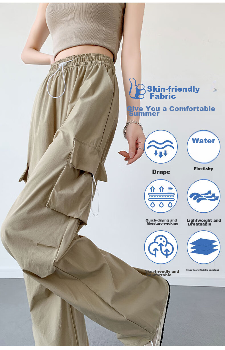 LangSha American-Style Parachute Cargo Pants for Women, Summer Ice Silk High-Waist Wide-Leg Loose Casual Quick-Dry Outdoor Sports Pants for Wome 9