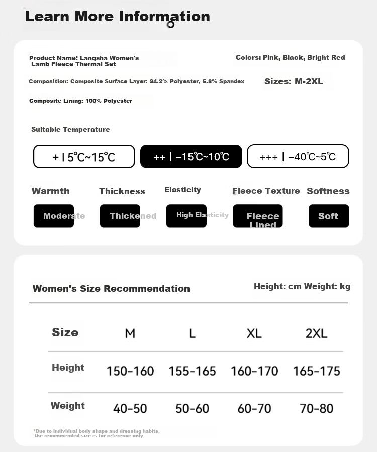 LangSha Women's Thermal Underwear Set Fleece Lined Thickened 10A Antibacterial Mite-Resistant Heating Autumn Top and Bottom Lamb Wool 7