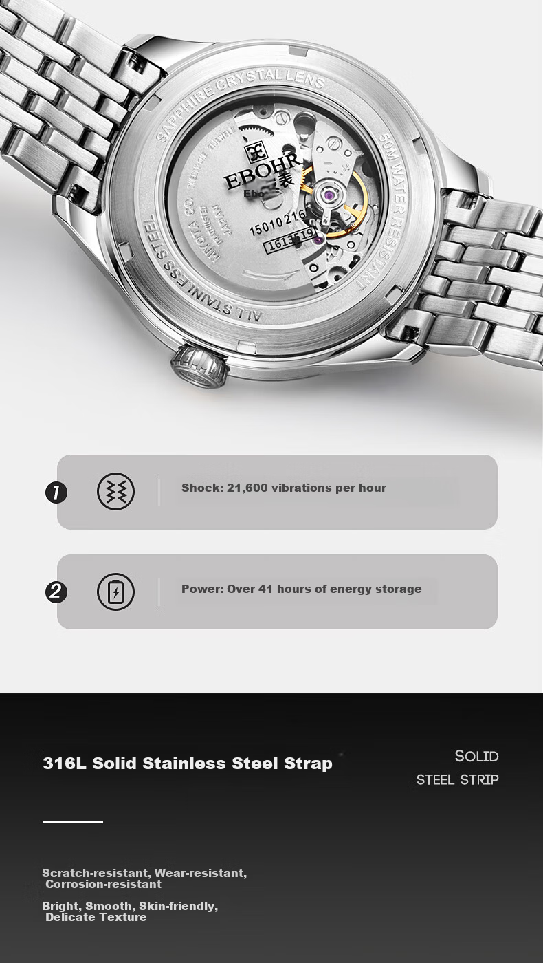 EBOHR Men's Skeleton Automatic Mechanical Watch Stainless Steel Band Authentic National Brand 24-Hour Dial New Year Gift 7