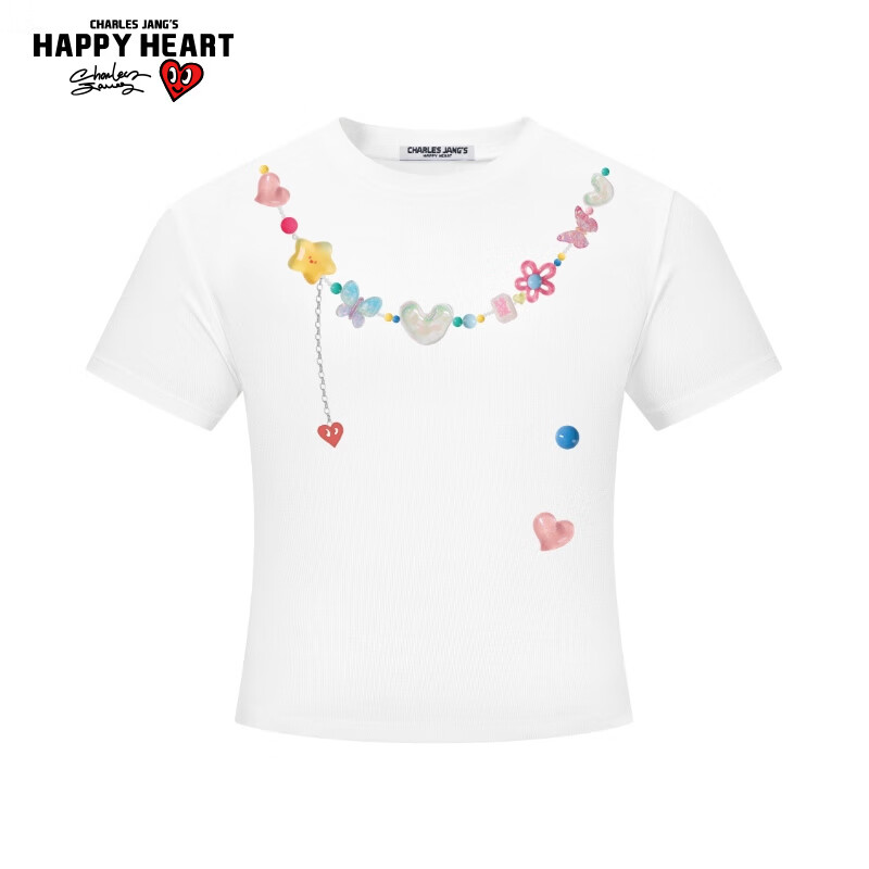 Charles Heart Trendy Love Heart Necklace Print Slim Fit Short Sleeve T-Shirt for Girls Summer Sweet and Spicy Style White F