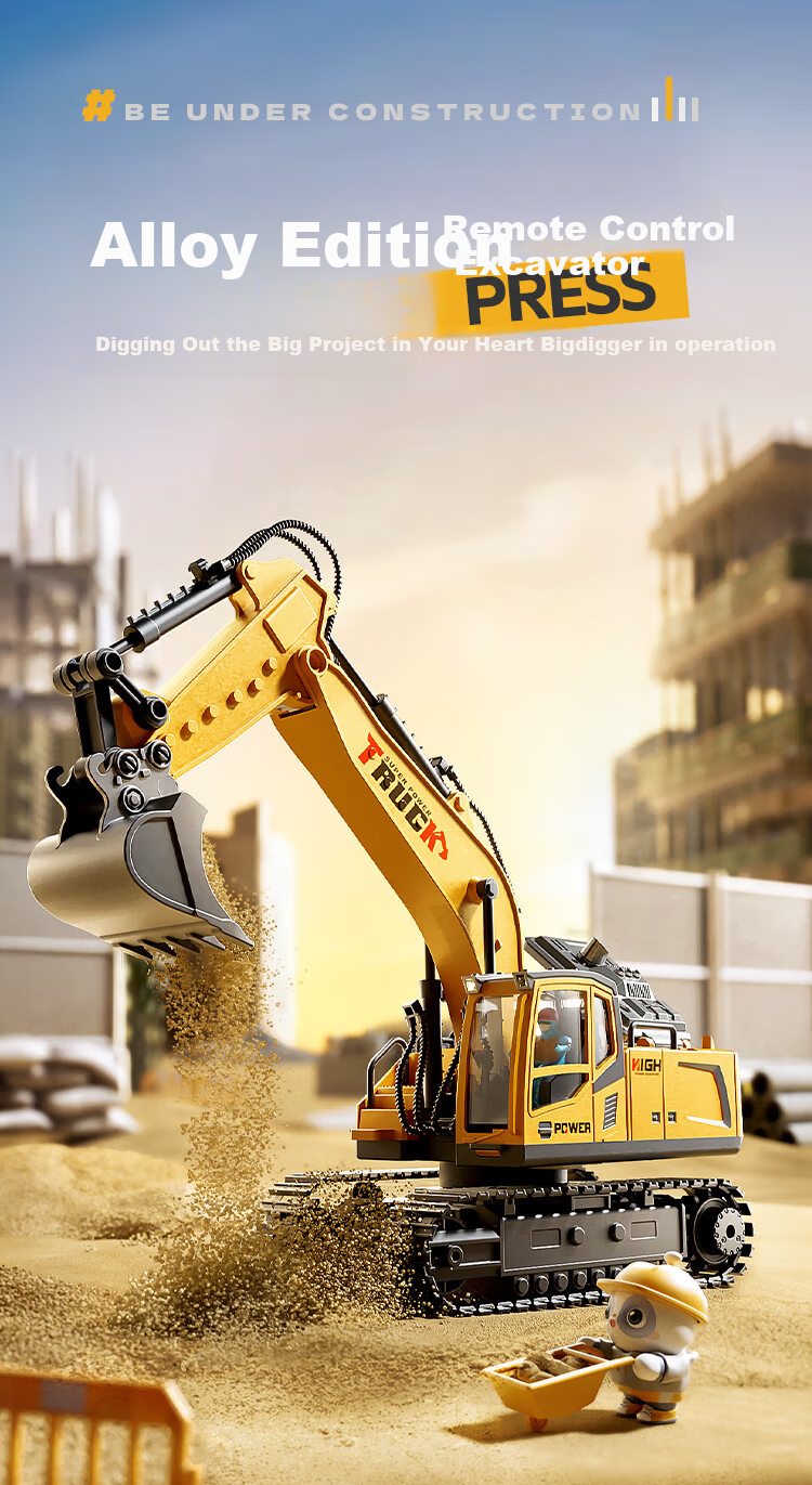 COODORA Alloy Remote Control Excavator Toy 3-6 Years Electric Kids Car Digging Machine Large Engineering Vehicle Rechargeable Birthday Gift 1