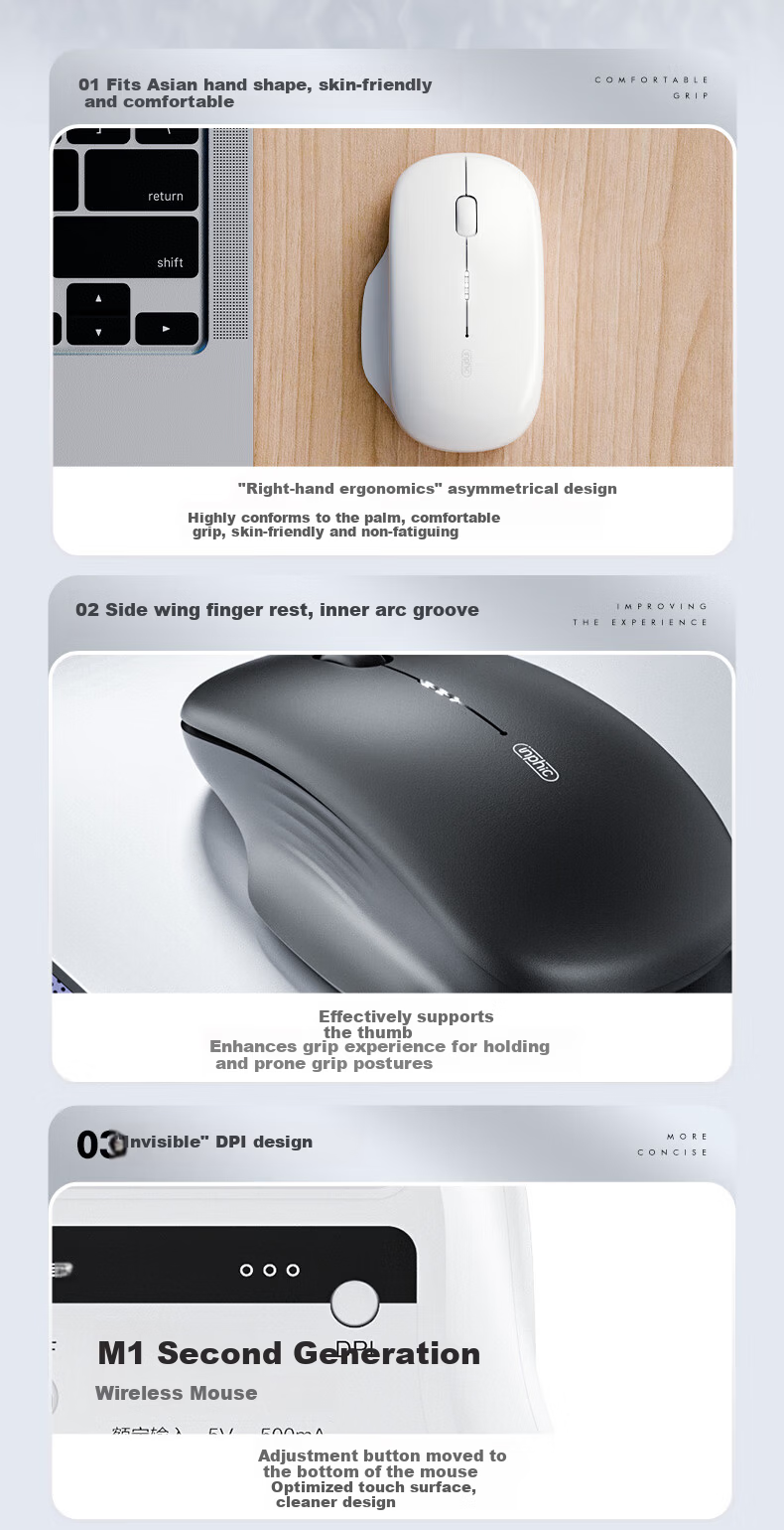 INPHIC M1 Second Generation Rechargeable Wireless Mouse Silent Office Asymmetric Ergonomic Grip Battery Display Universal for Laptop 2.4G Wireless White Apricot 2