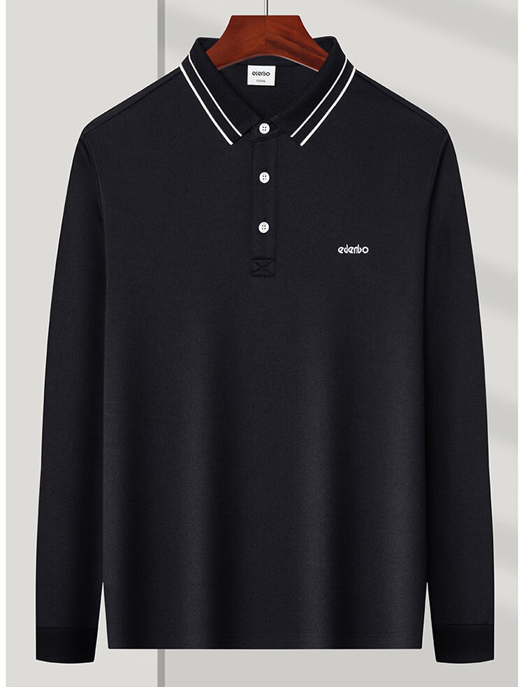 Edenbo Men's Long Sleeve Polo Shirt Cotton Mulberry Silk Black 185/100A (3XL) 18