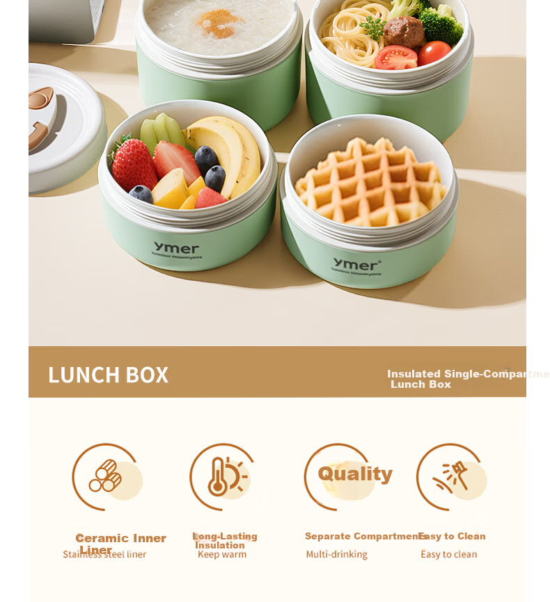 Ymer Insulated Lunch Box Microwaveable Ceramic Set Green 2-Pack (One Large, One Small) 5