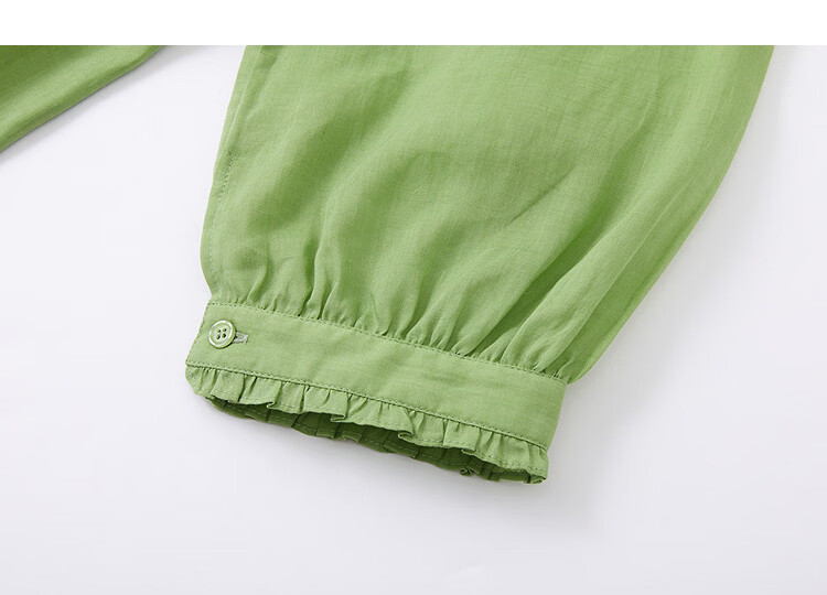 Demana [Ramie Lyocell Blend] Spring Ladies Small Ruffled Round Neck Rubber Shirred Petite Women's Shirt 17