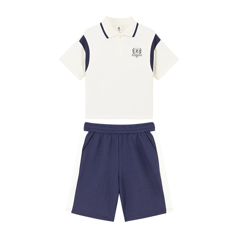 Zuoxi Boys' Summer Outfit Set, Cool-Feeling 2026 New Style Children's Preppy Short-Sleeve Polo Shirt Sportswear, Off-White, Size 160